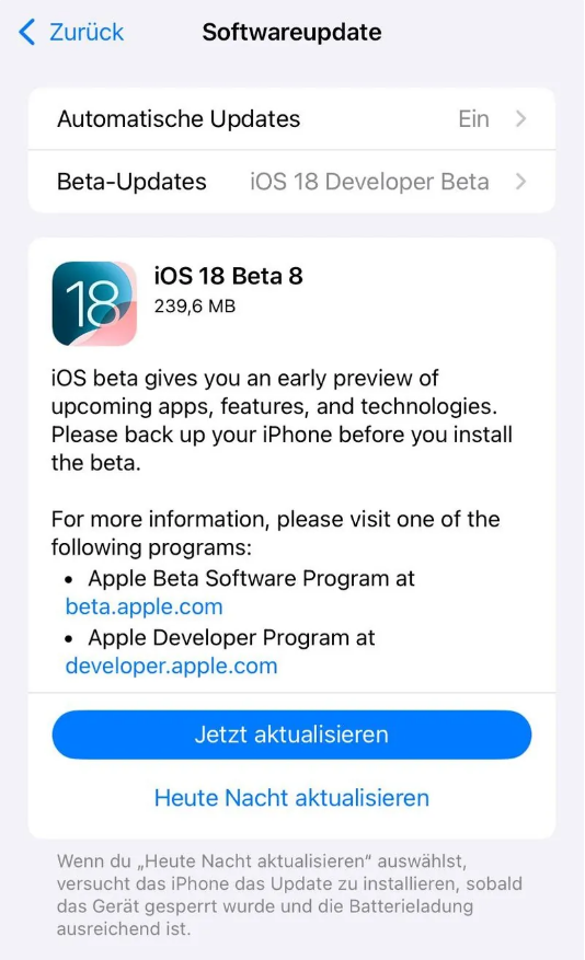 彭泽苹果手机维修分享苹果 iOS / iPadOS 18 开发者预览版 Beta 8 发布 